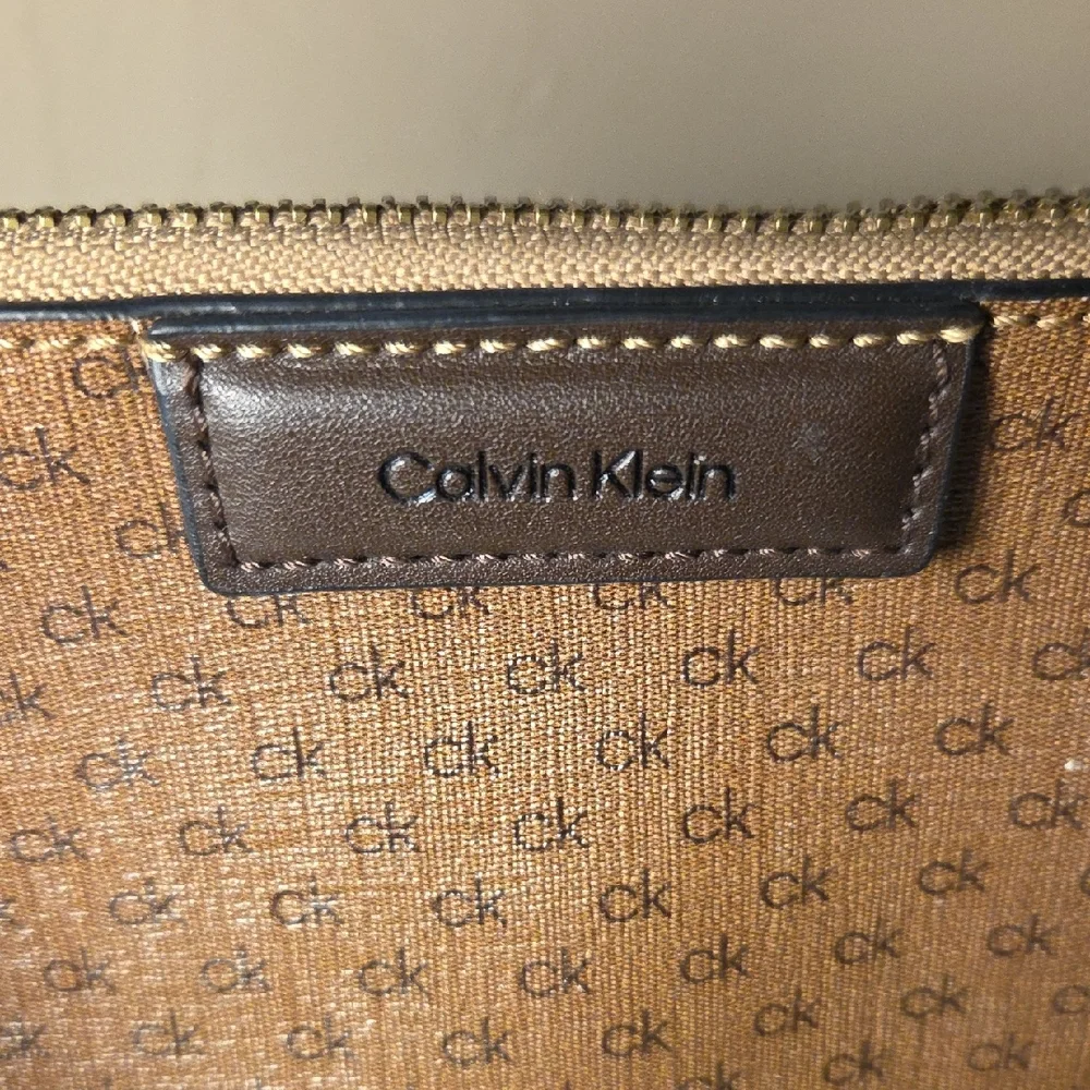 Calvin Klein CK Monogram Mini Shoulder Bag Brown Logo Zip Pouch Purse - Picture 2 of 8
